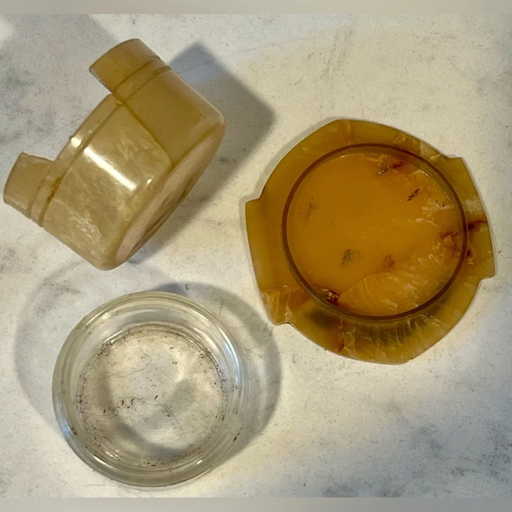 Vintage Gold / Brown Celluloid Vanity/Dresser Set 8 Pieces, powder box, scissors